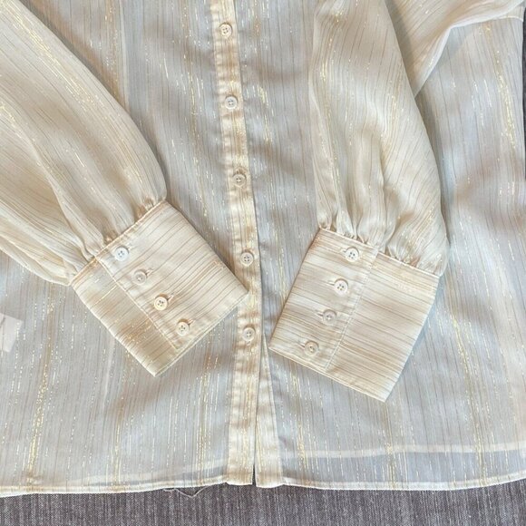 Dorothee Bis Button Up Shirt  Womens Size M Gold Metallic Stripes Semi Sheer - Picture 5 of 7